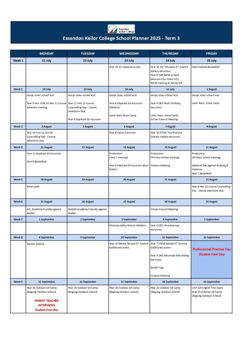 Term 3 College Planner